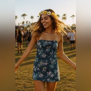 Forever 21 | Floral Strapless Pocket Blue Y2K Festival Jean Denim Mini Dress S